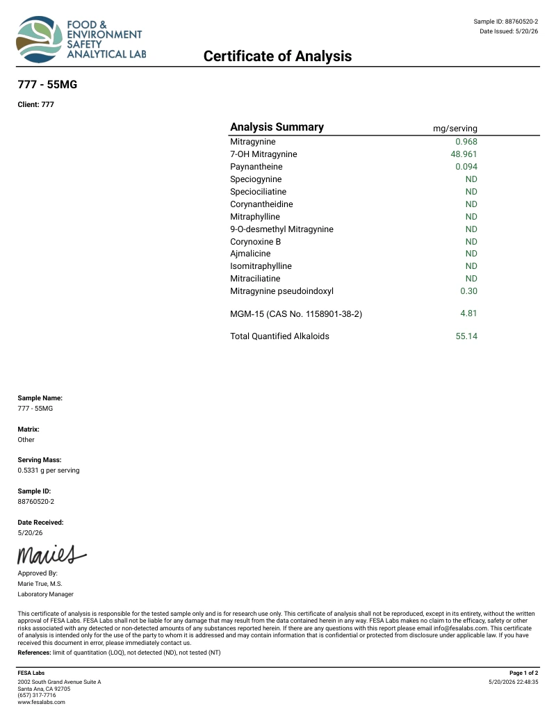 FESA Labs certificate of analysis for 777 55MG, batch 88760520-2