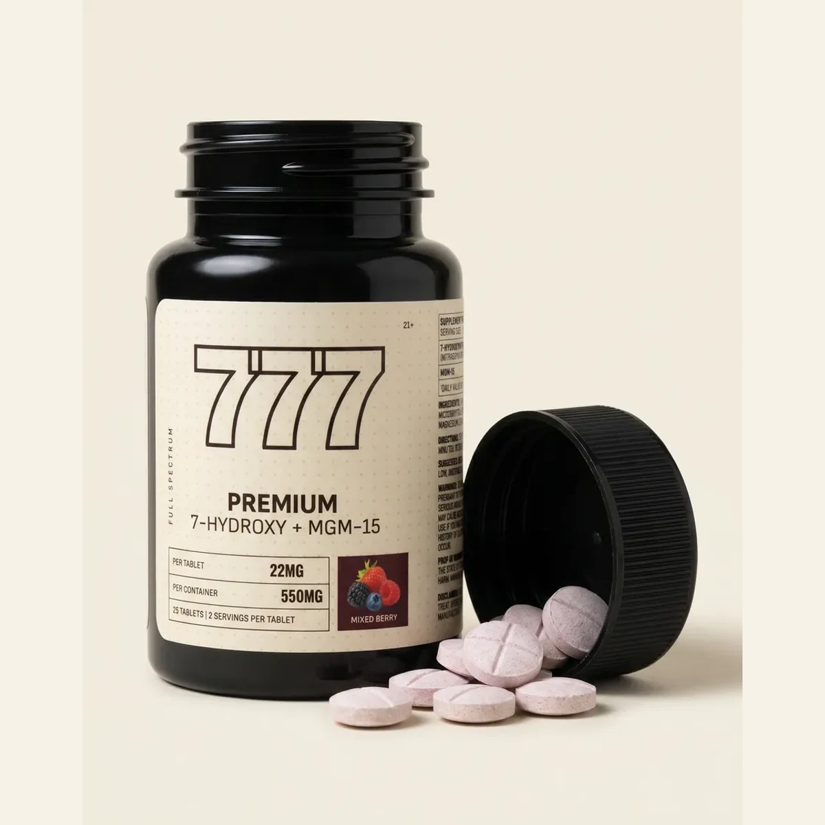 Open 777 22MG bottle with cap and cross-scored mixed berry tablets