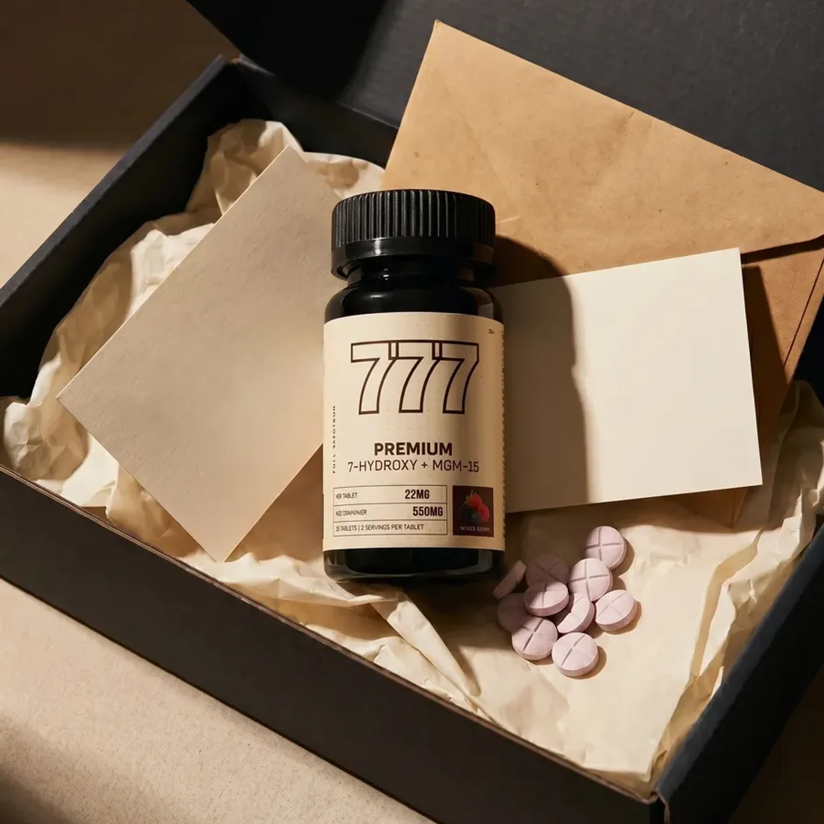 777 22MG bottle and mixed berry tablets in a premium unboxing scene