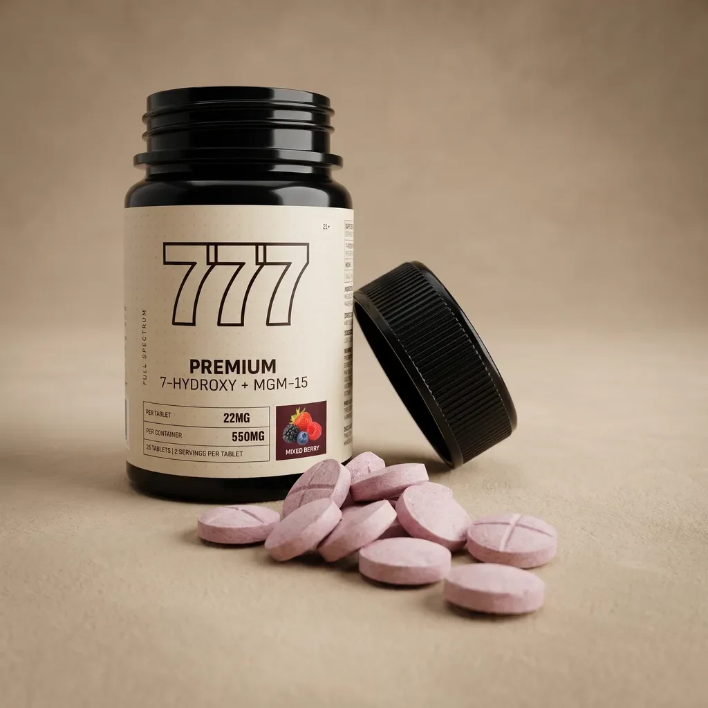 777 22MG bottle, cap, and mixed berry tablets in a warm product photography scene